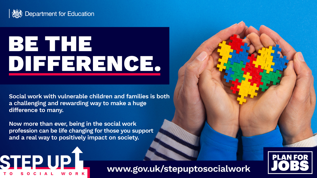 Step Up to Social Work advert containing a pari of hands holding a heart shape made out colourful children's toys